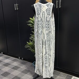 Vivid NY Lace embroidered netting,sleeveless maxi, open front,lightweight,sexy